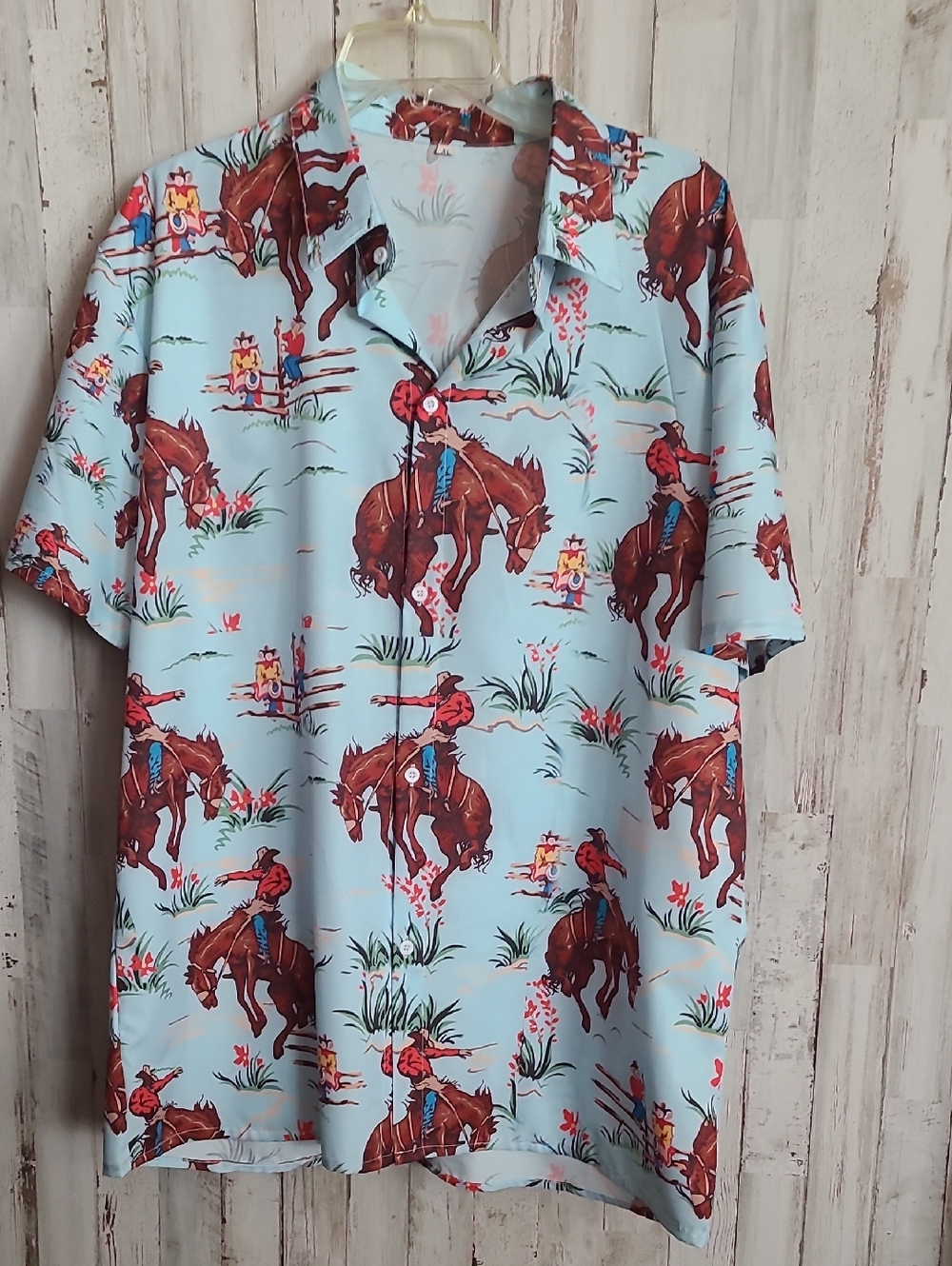 Light Blue Western Graphic Short Sleeve Button-Down Shirt